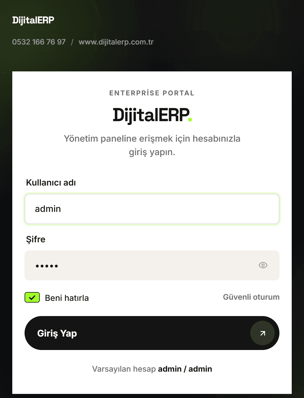 DijitalERP giriş ekranı